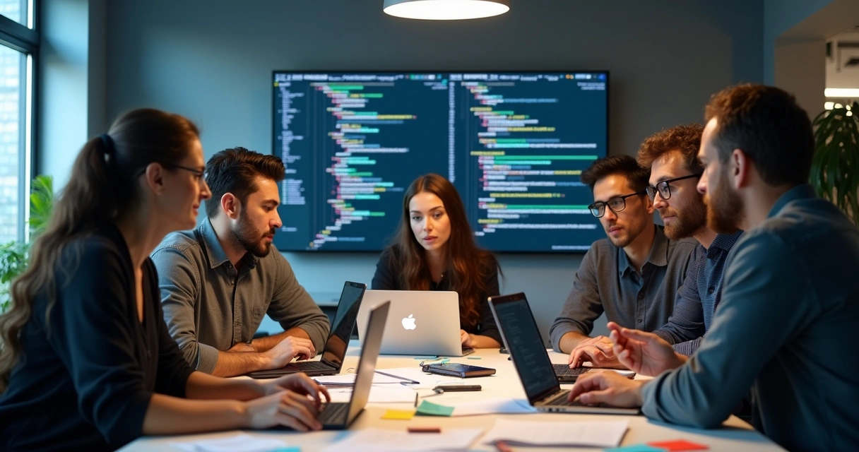 Equipes de TI fazendo revisão de código juntas em notebooks 
