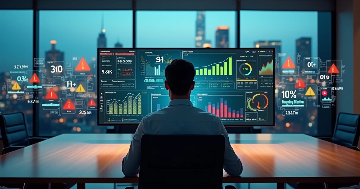 Gestor analisando painel de dados com gráficos e alertas de erro 