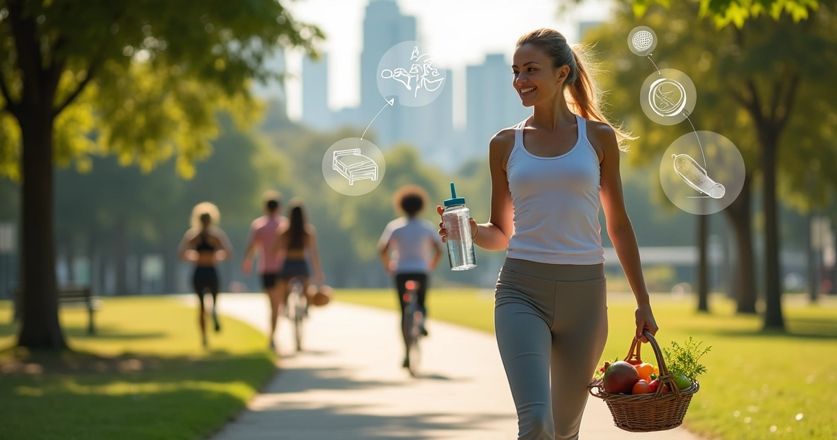 Mulher adulta caminhando ao ar livre com frutas, água e ícones de saúde ao redor 