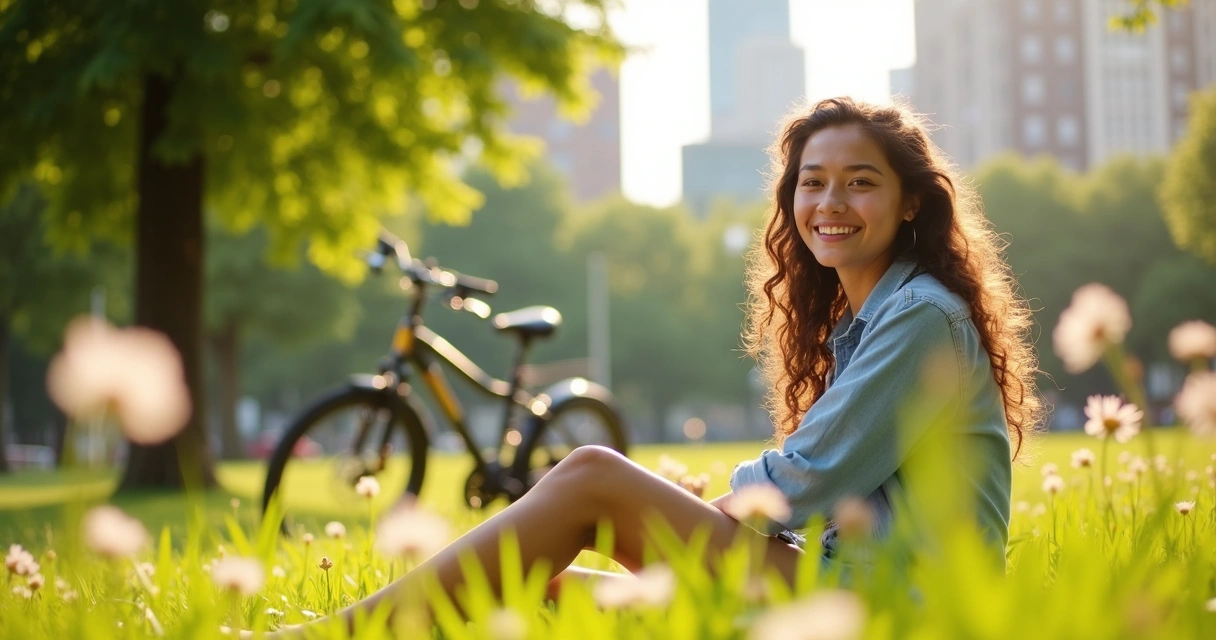 Pessoa sorrindo sentada no parque em dia ensolarado com bicicleta ao fundo 