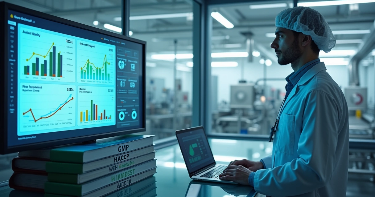 Gestor de qualidade em indústria de alimentos analisando gráficos de desempenho em painel digital 