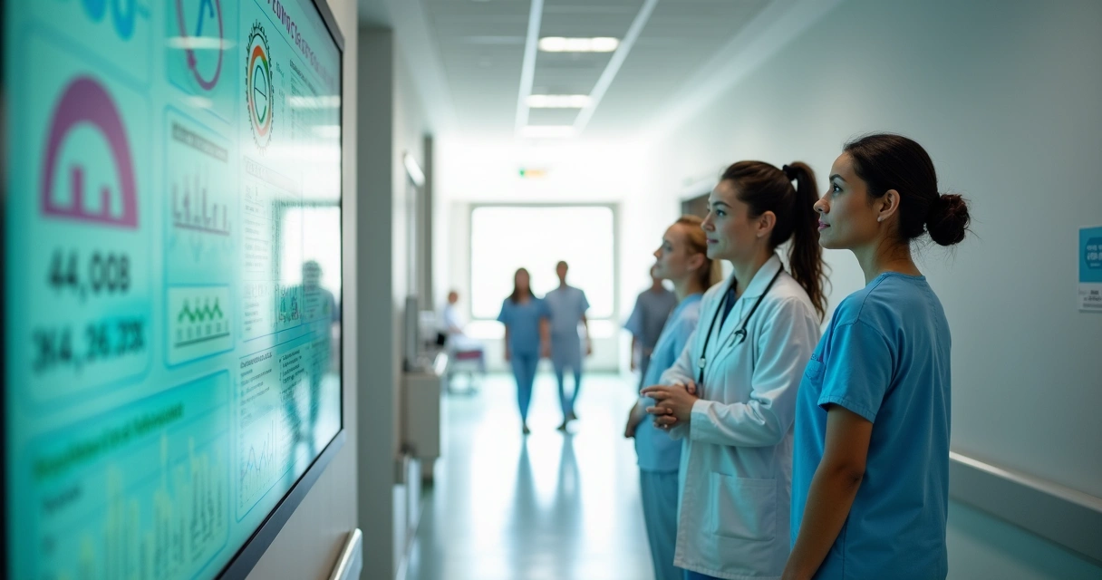 Profissionais de saúde em hospital público analisando painel digital de qualidade e segurança do paciente 