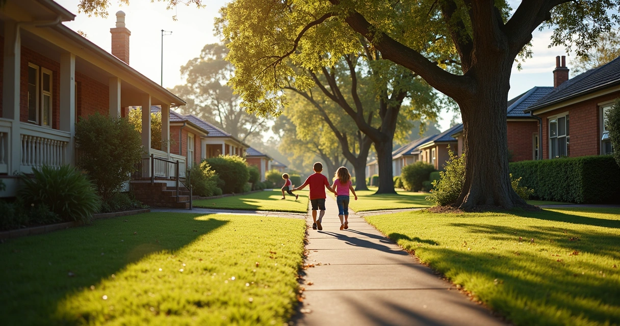 Bairro tranquilo e arborizado em Sydney, crianças brincando