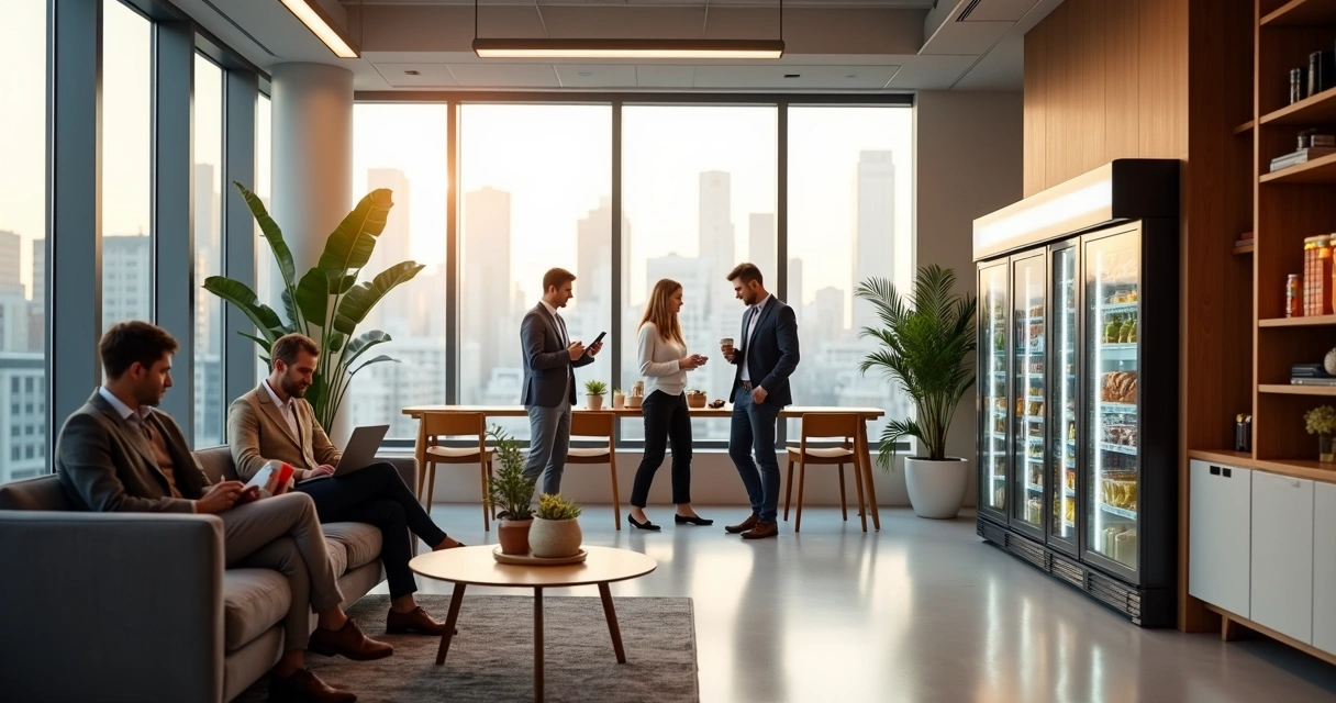 Equipe em escritório moderno interagindo em área de convivência corporativa 