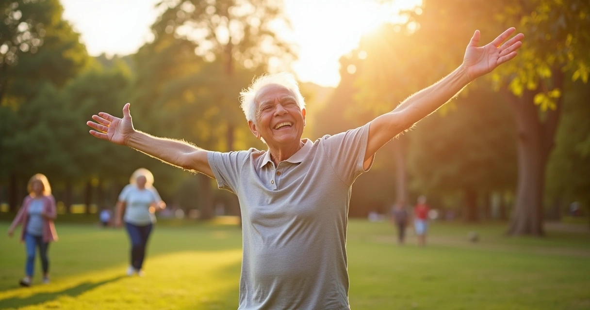 Pessoa idosa caminhando em parque, representando recuperação de mobilidade após dor crônica 