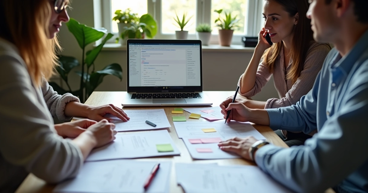Equipe pequena analisando contatos em reunião de vendas
