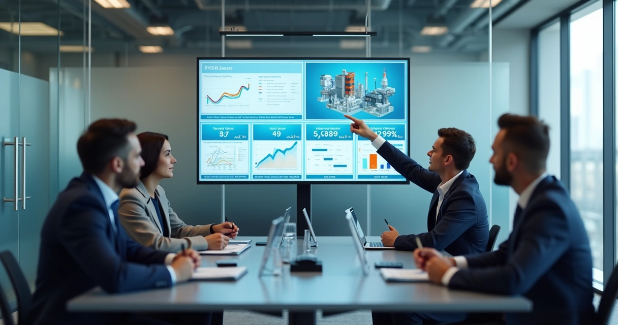 Equipe analisando leads industriais em painel digital 