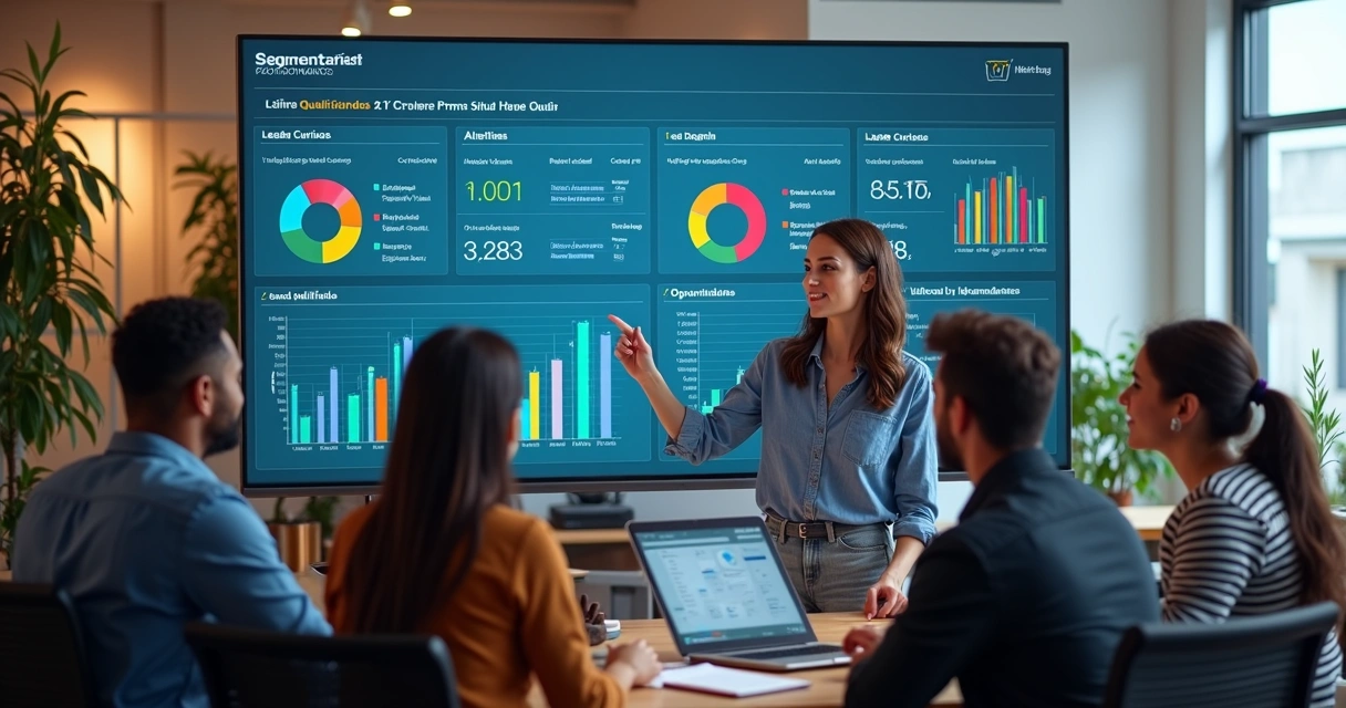 Equipe de marketing analisando dados em telas digitais para qualificar leads curiosos no funil de vendas 