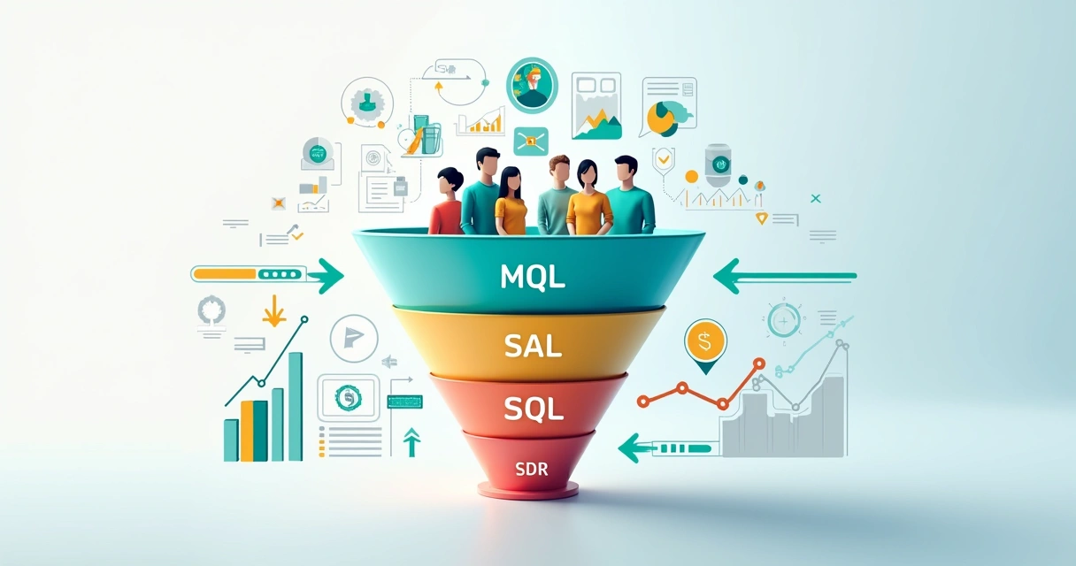 Representação do funil de vendas com estágios de MQL, SAL e SQL em um gráfico colorido detalhado 