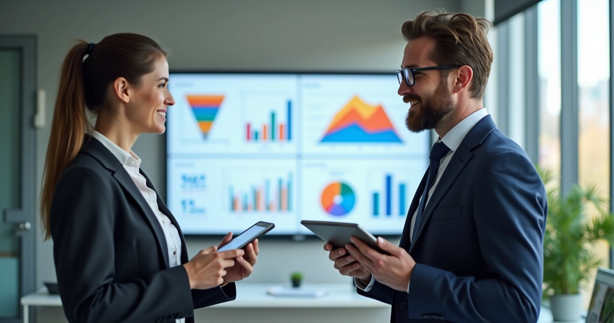 Profissional de vendas consultivas conversando com empresário em escritório moderno, analisando dados em tablet e gráficos ao fundo 