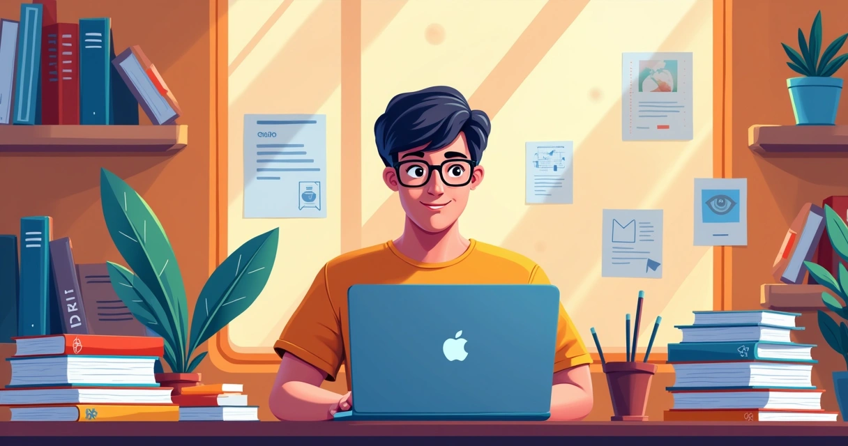 Jovem estudando em frente a um laptop, cercado por livros e ícones de plataformas de cursos online.