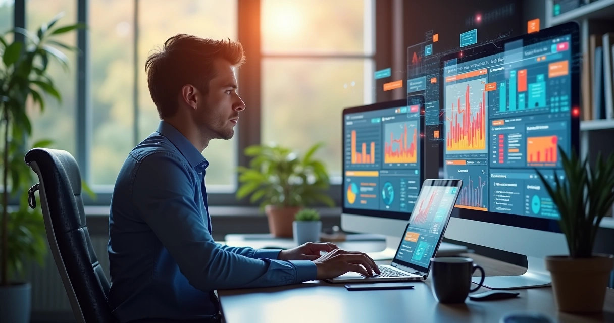 Profissional de marketing analisando gráficos de leads qualificados em tela digital com interface de automação e integração CRM 