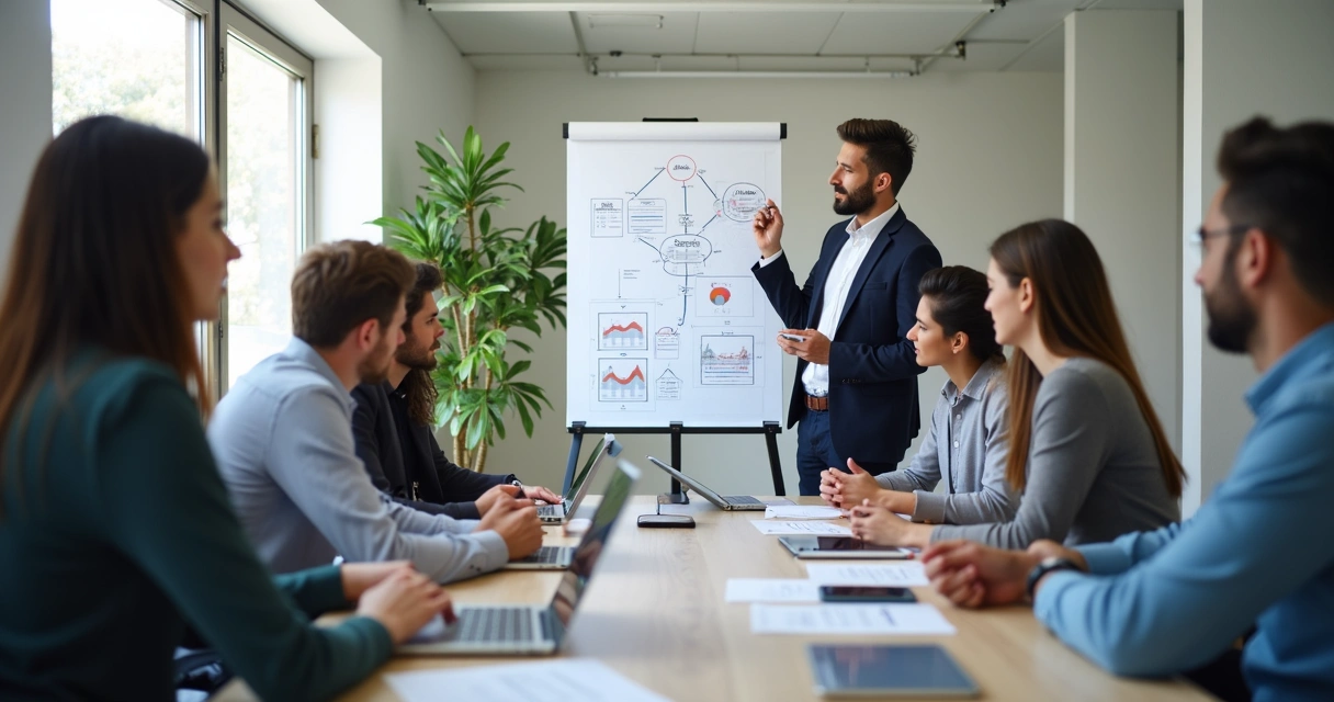 Equipe de vendas analisando perfis de lead em uma sala de reunião 