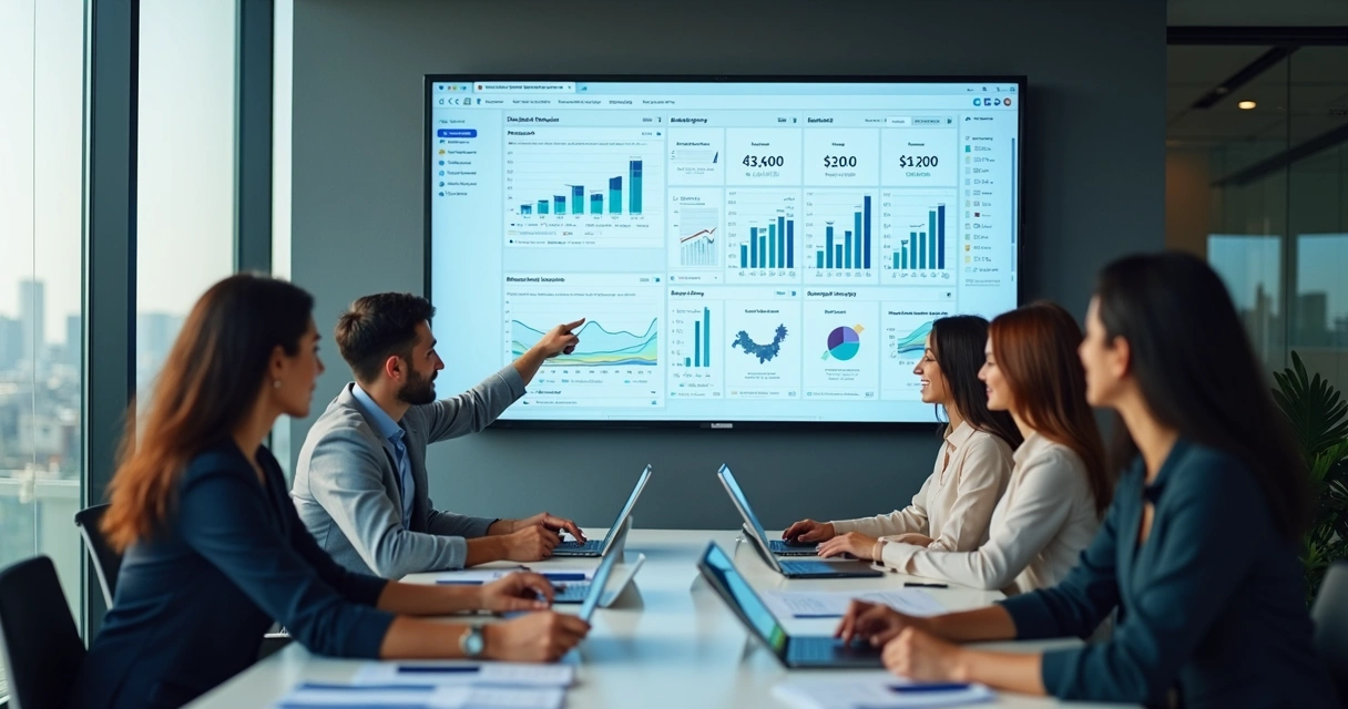 Reunião de qualificação de leads com equipe discutindo informações em tela grande 