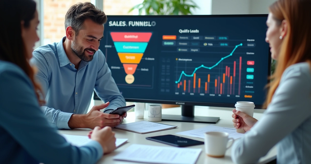 Equipe analisando leads em funil de vendas digital 