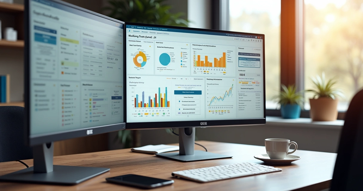 Tela de computador mostrando gráficos de lead scoring e automação de marketing com interface moderna e detalhes coloridos 