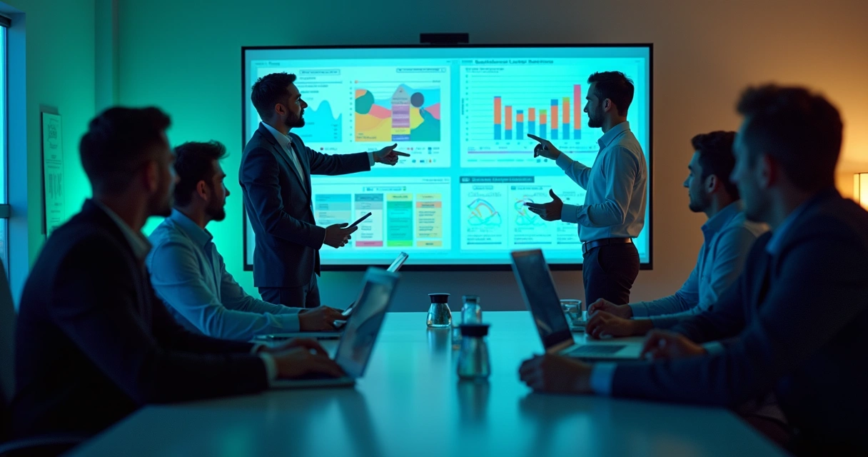 Equipe analisando leads em tela de computador com gráficos e sinais de qualificação 