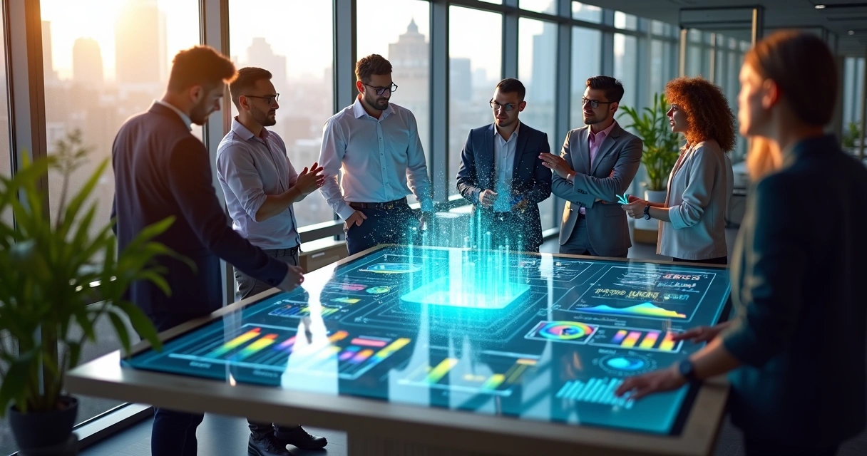 Equipe de profissionais analisando dados de leads em telas digitais com gráficos e estatísticas detalhadas 