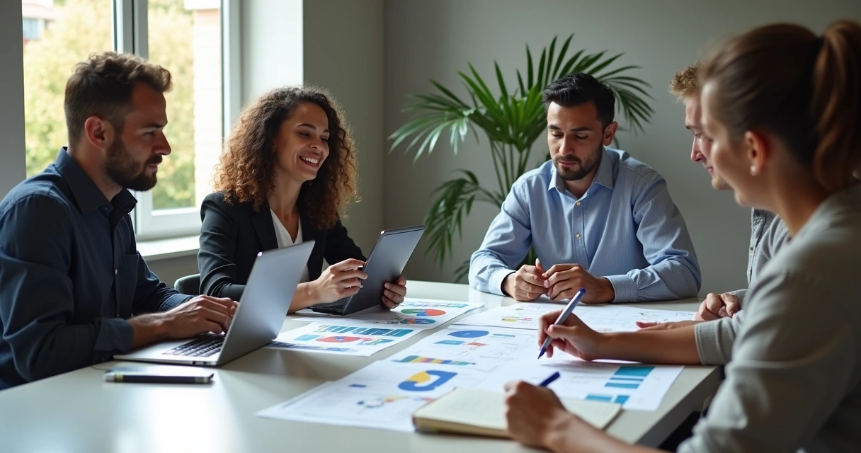 Equipe analisando fichas de clientes em sala de reunião 