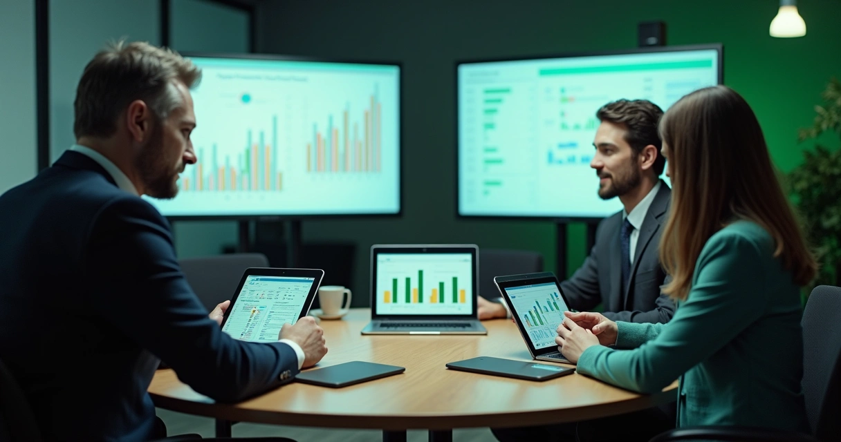 Equipe avaliando fichas cadastrais de leads, com gráficos e planilhas 