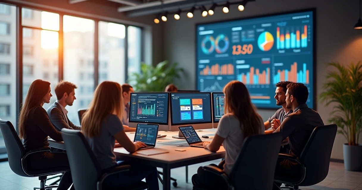 Equipe reunida analisando dados de leads em uma tela. 