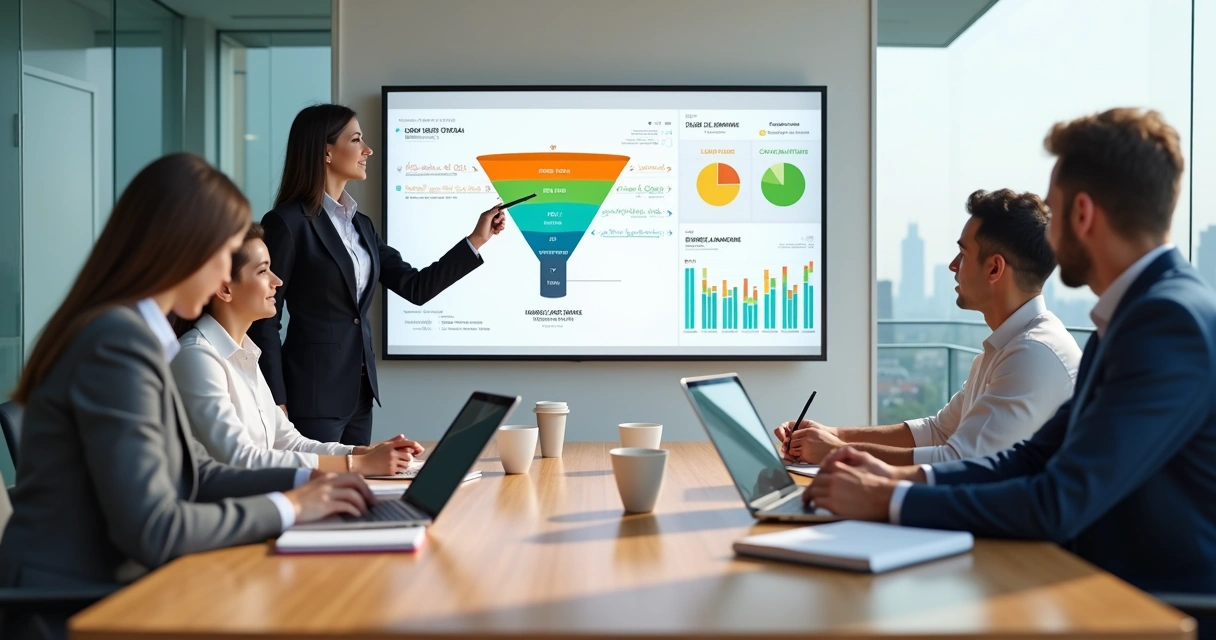 Equipe de marketing analisando funil de leads empresariais em painel digital 