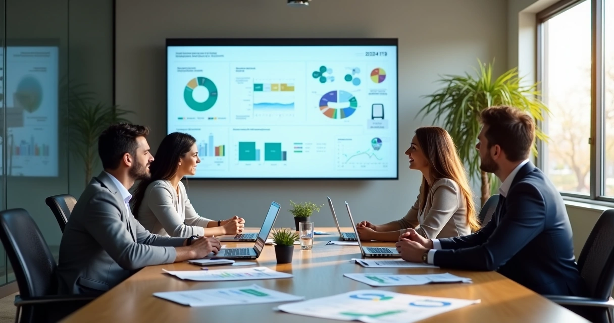 Equipe comercial discutindo perfis de leads na sala de reunião 