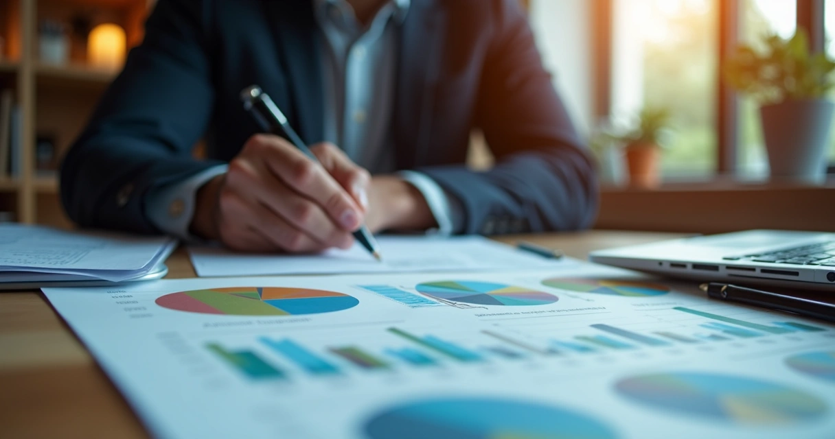 Profissional analisando tela com gráficos e perguntas para qualificação de leads em ambiente de escritório moderno 