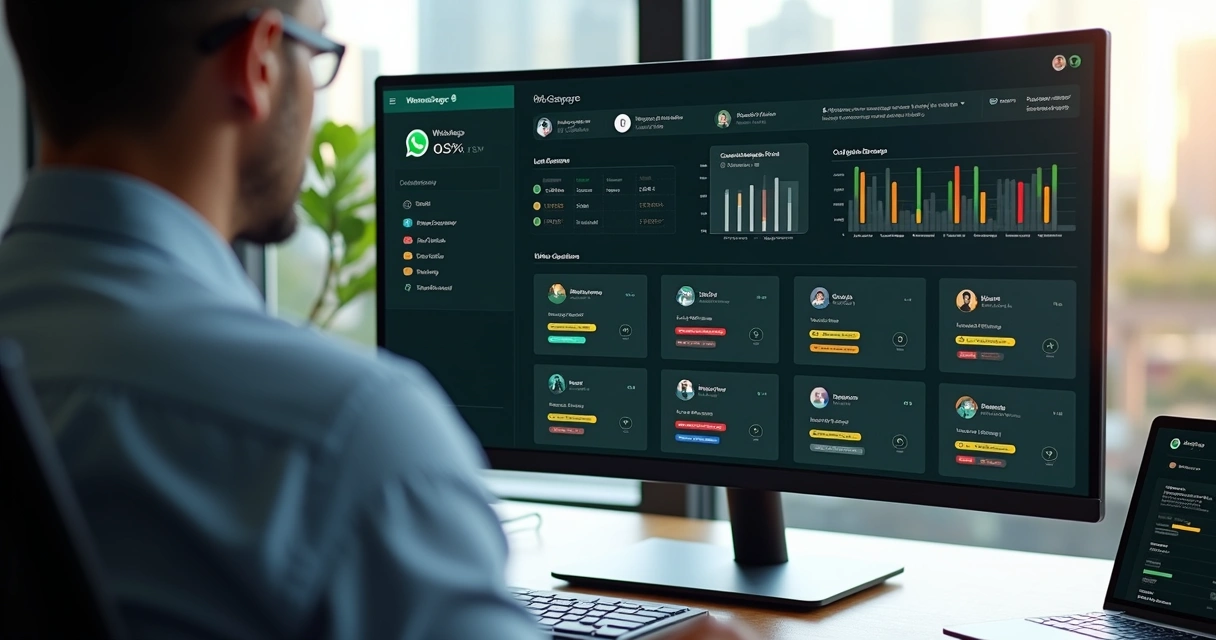 Gestor de marketing analisando painel com funil e leads em grupos de WhatsApp 