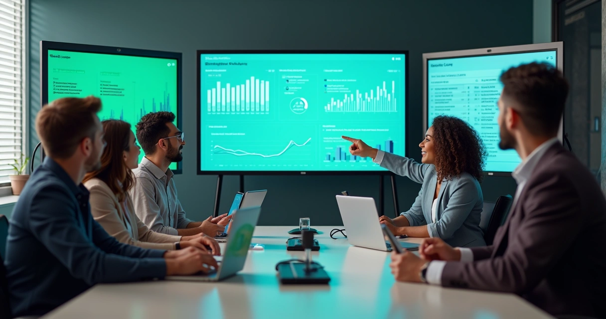 Equipe de marketing reunida analisando dados em telas de computador e celular, focados em métricas de grupos de WhatsApp 