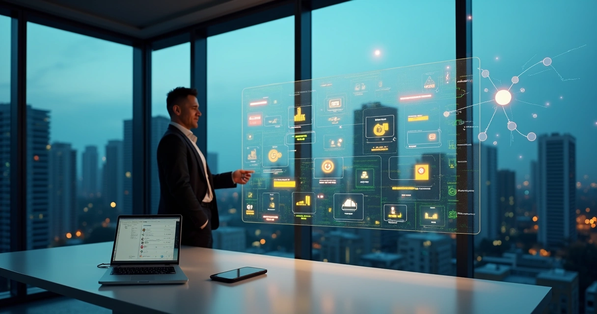 Corretor imobiliário organiza leads coloridos em quadro digital com ajuda de inteligência artificial 