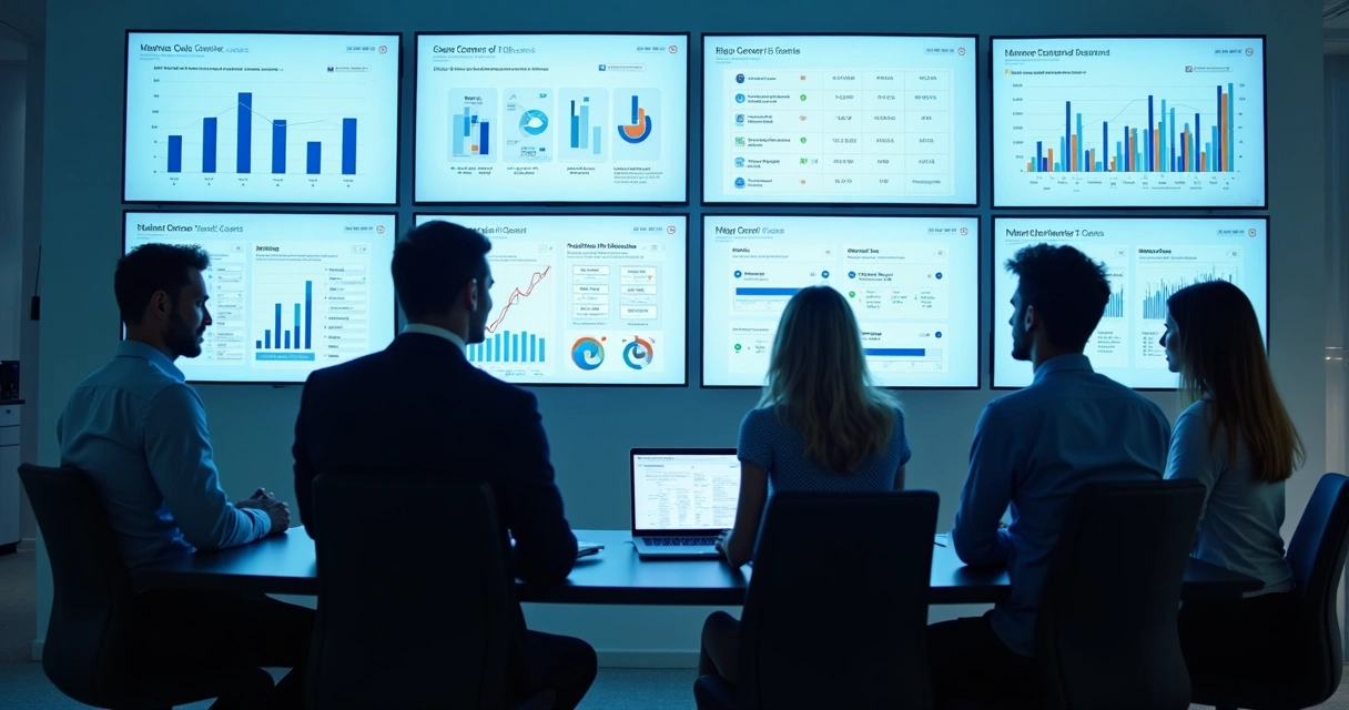 Equipe analisando perfis de clientes em telas com gráficos e funis de vendas 