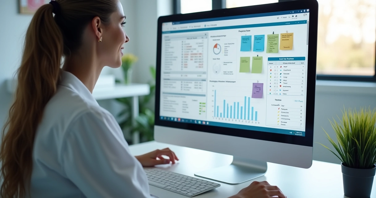 Atendente de clínica odontológica filtra contatos em tela de computador com gráficos de conversão ao fundo 