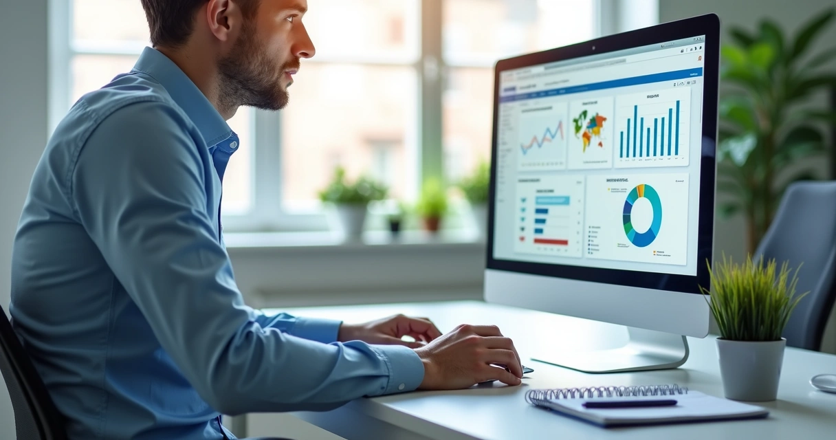 Profissional analisando dados de leads em computador com gráficos e agenda ao lado 