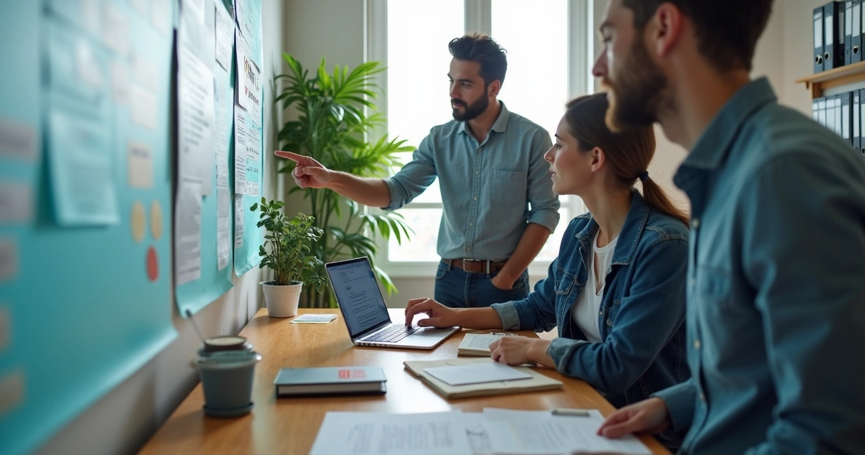 Equipe pequena avaliando contatos e negócios em um quadro de vendas 