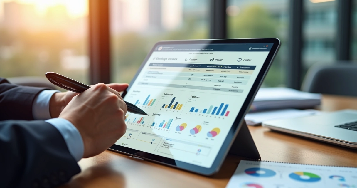 Profissional de vendas analisando matriz de perguntas para qualificar leads em tablet 