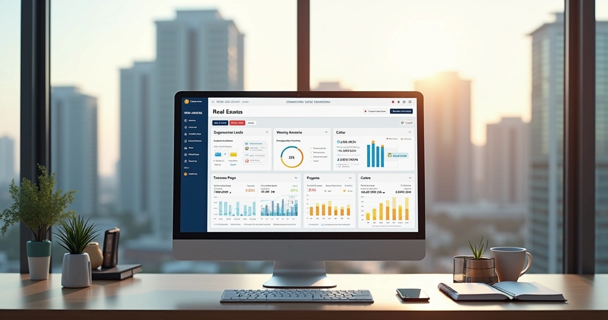Tela de computador com dashboard imobiliário mostrando qualificação de leads por temperatura e gráficos de vendas 