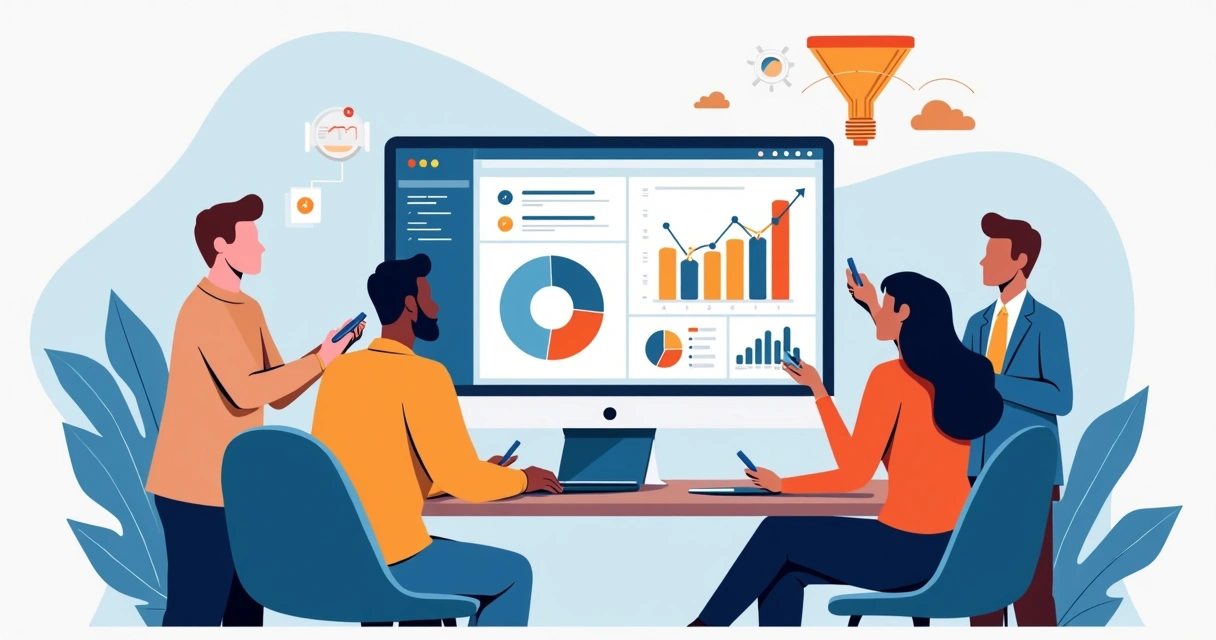 Equipe de vendas analisando leads em computador com gráficos ao fundo