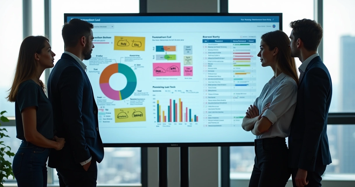 Equipe avaliando e segmentando leads e oportunidades B2B em painéis digitais 