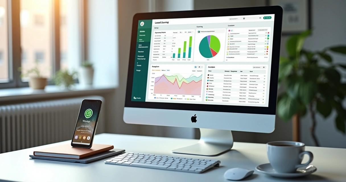 Tela de computador mostrando interface de lead scoring com gráficos de pontuação, contatos e integração com CRM para vendas no WhatsApp