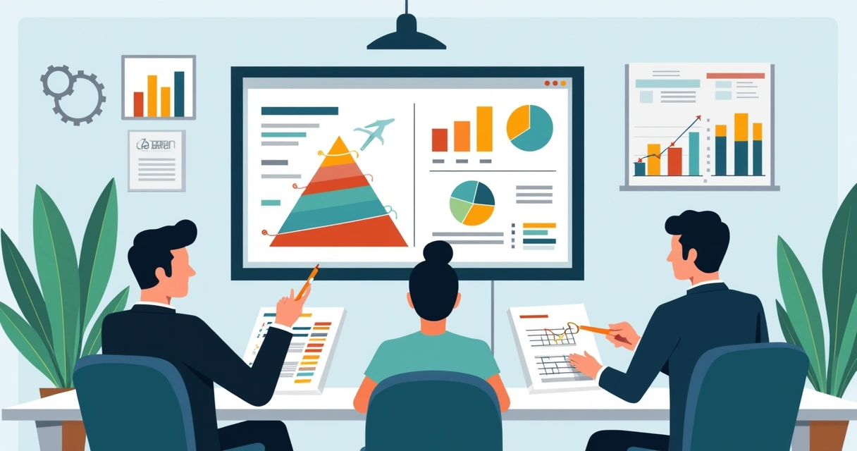 Ilustração corporativa de equipe de vendas analisando critérios para qualificar oportunidades com gráficos e checklists 