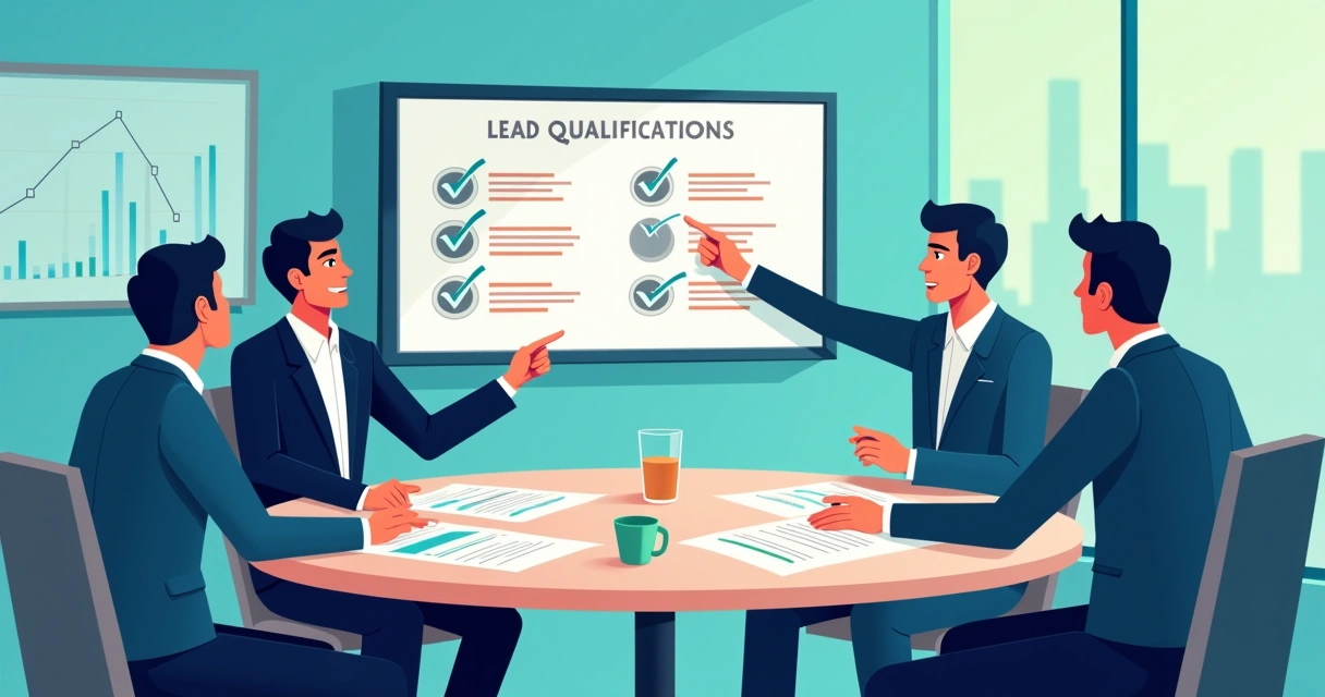 Equipe de vendas analisando com planilhas leads qualificados numa mesa redonda, com checklists e dados em tela 