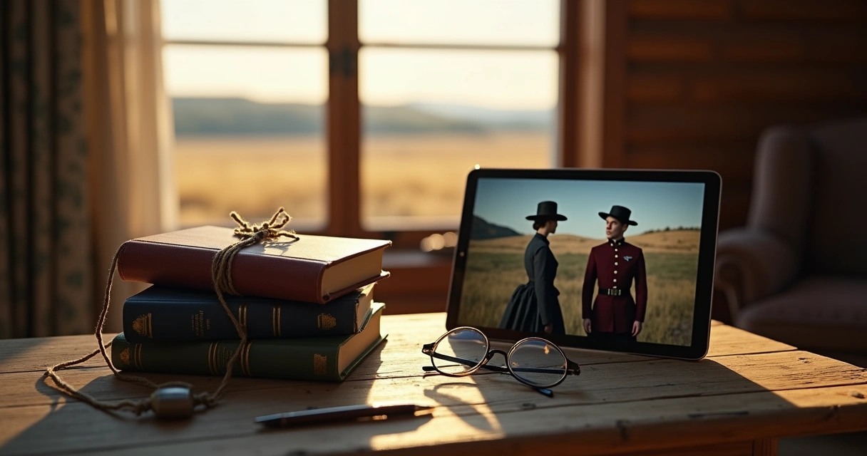 Tabela de madeira com livros antigos e tablet exibindo cena de faroeste canadense 