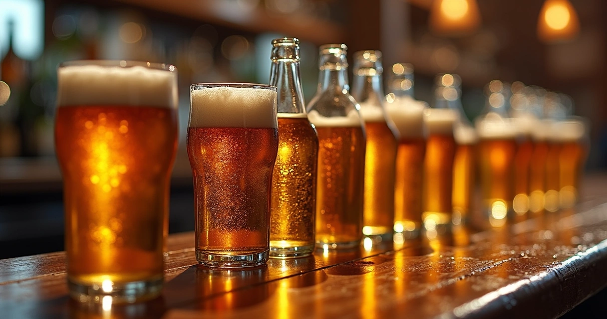 Cervejas geladas alinhadas lado a lado com copos cheios na frente. 