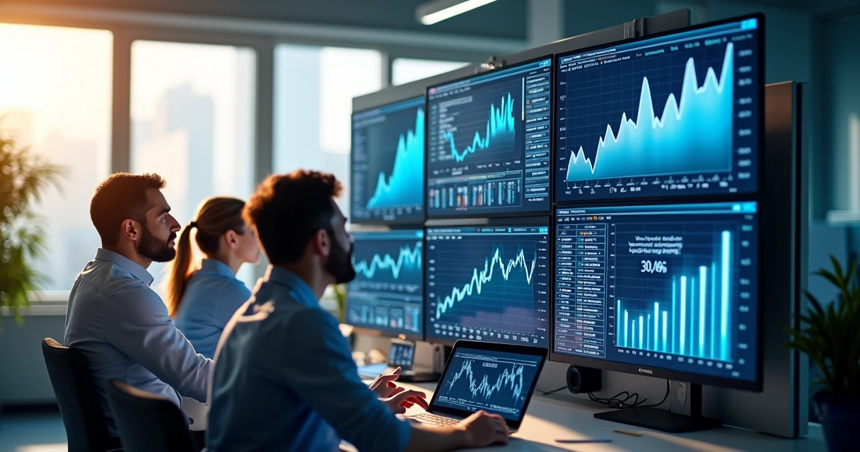 Asset management team using quantitative tools and a modern treasury dashboard 