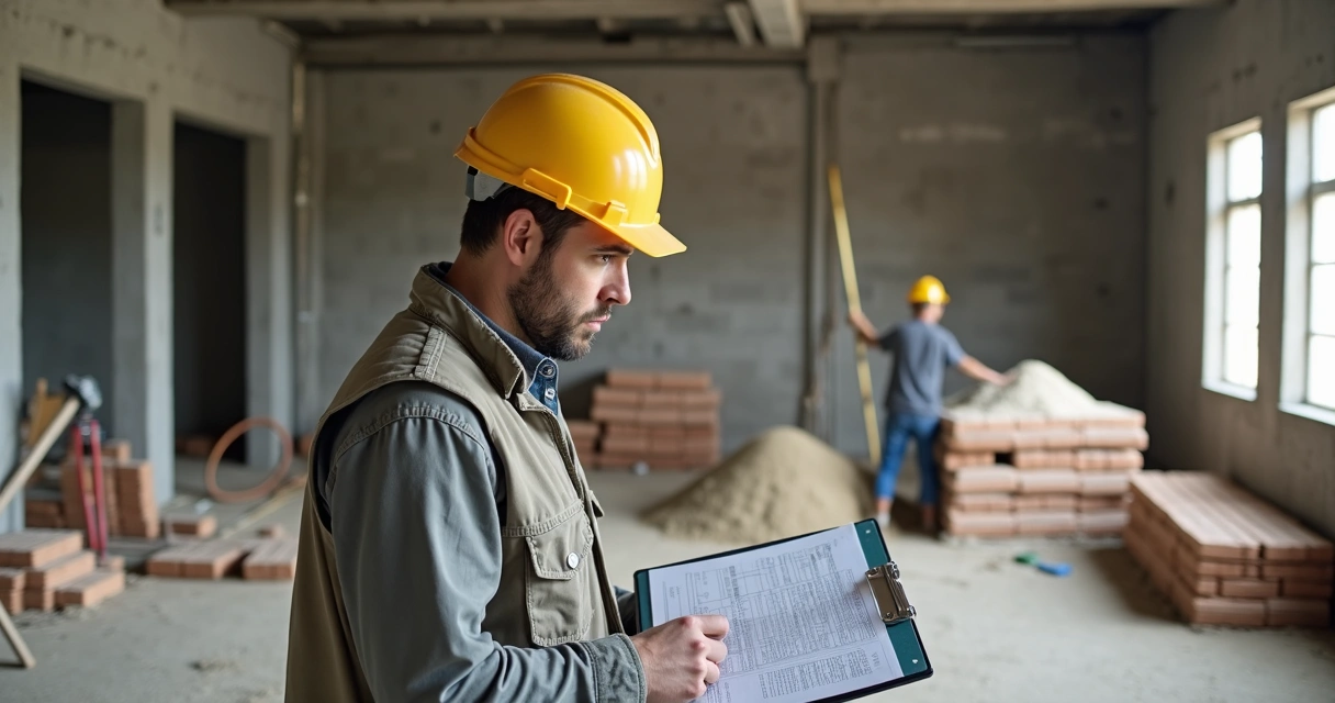 Engenheiro conferindo planilha de materiais em canteiro de obra 