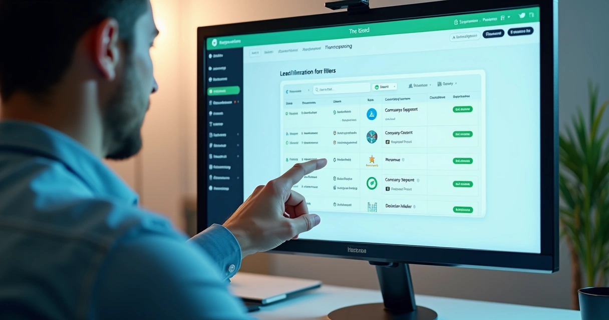Tela de computador mostrando filtros de segmento e porte para selecionar leads qualificados 