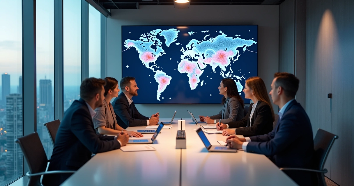 International team in office with quantum computing graphics 