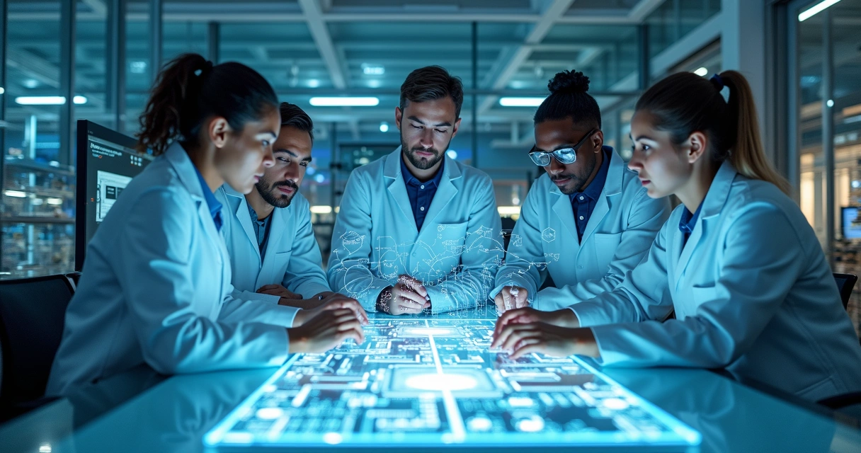 Researchers in a laboratory discussing quantum computing project 