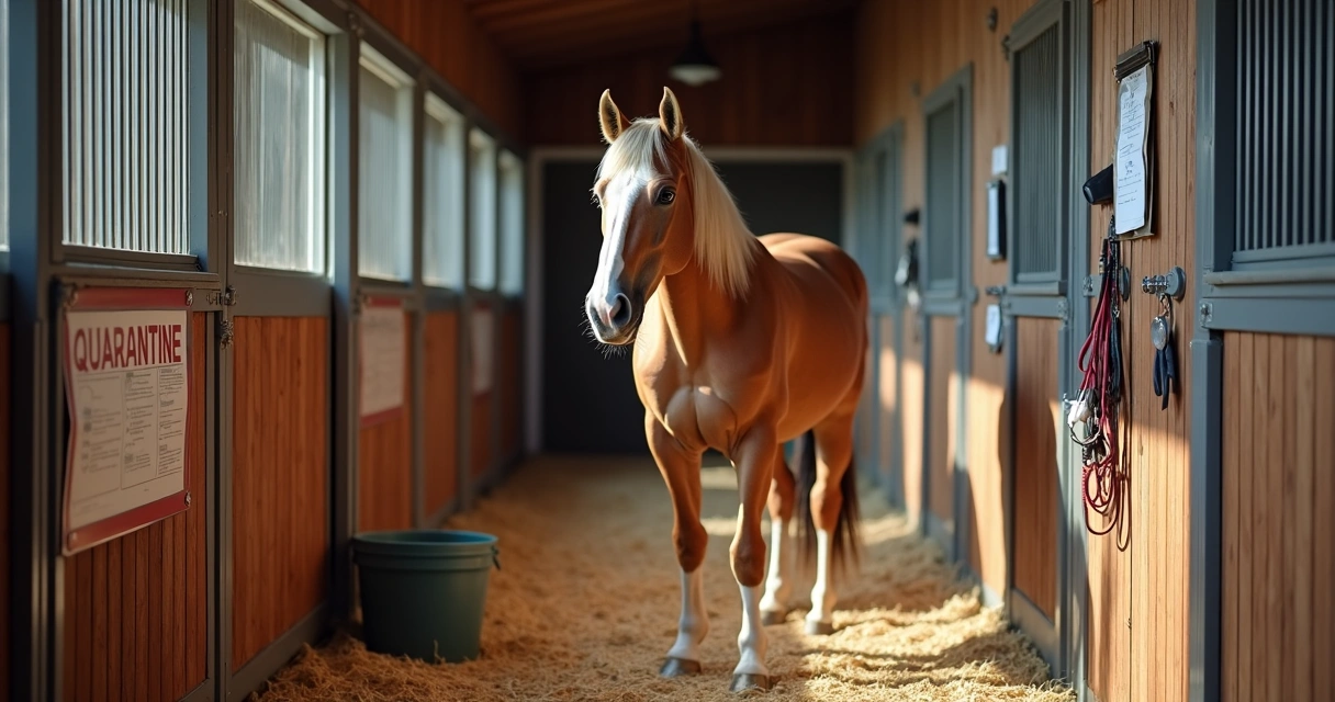 Cavalo em baia isolada de quarentena em haras organizado 